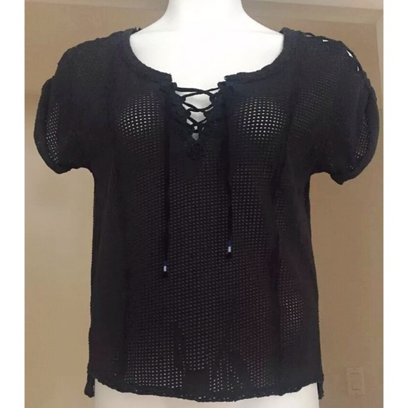 Free People Tops - FREE PEOPLE Lace Up Charcoal Crochet Detail Top